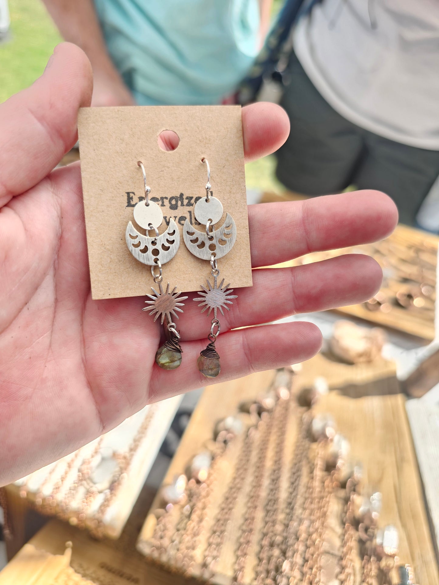 Silver Moon Phase Starburst Labradorite Earrings