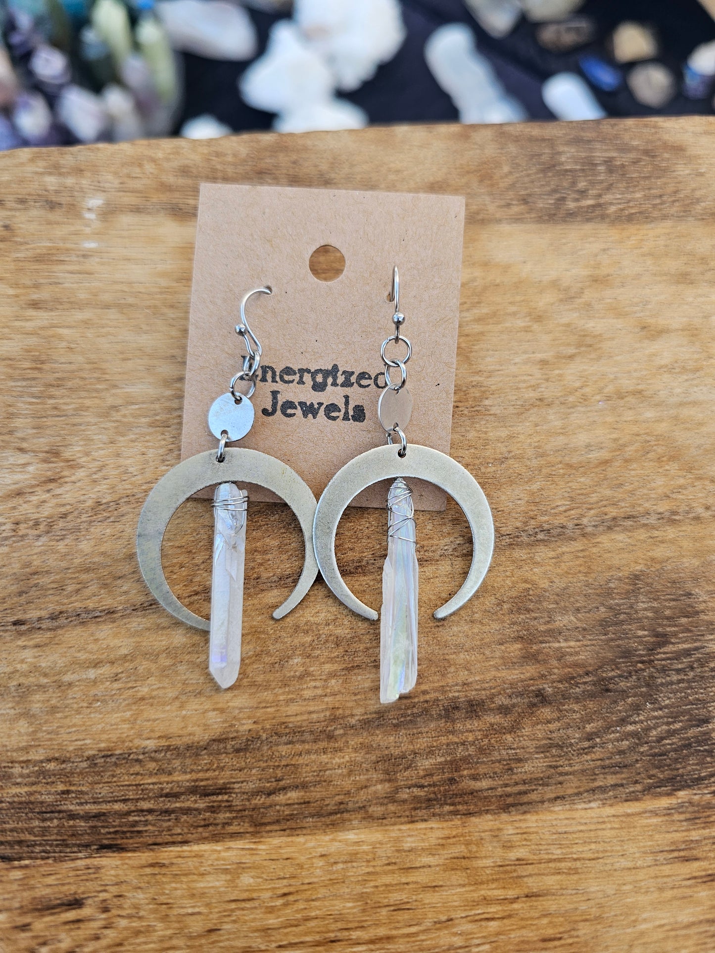 Crescent Moon Dangle Earrings | Raw Quartz Crescent Moon Earrings | Raw Pointed Quartz Moon Earrings | Stone Earrings