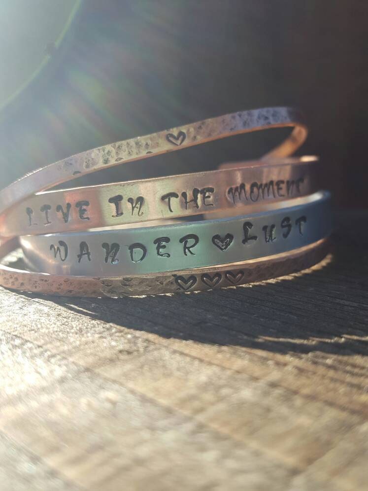 5 Hammered Bracelets, Stacked Bracelet Set, Personalized Bracelets, Hand Stamped Cuffs, Hammered Jewelry