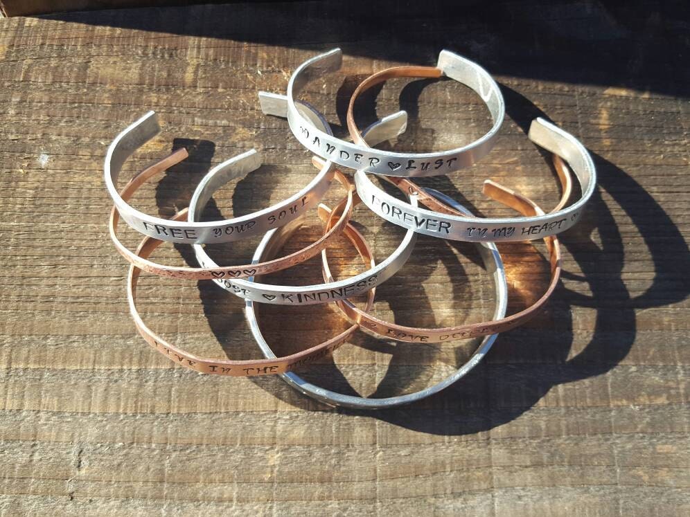 5 Hammered Bracelets, Stacked Bracelet Set, Personalized Bracelets, Hand Stamped Cuffs, Hammered Jewelry