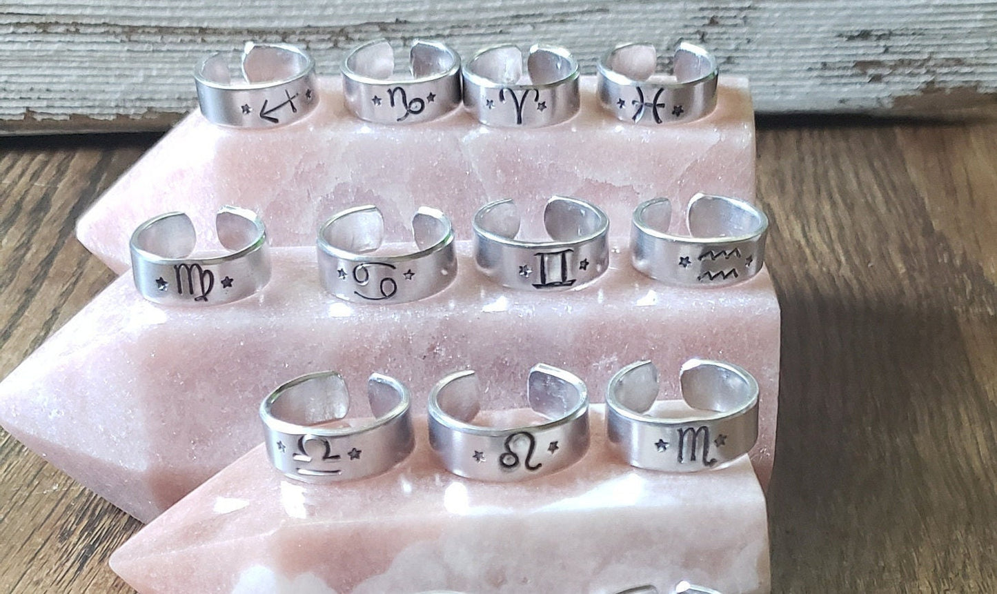 ZODIAC Rings | Handstamped Tarnish Resistant Silver Zodiac Rings | Moon and Star Signs |  Silver Horoscope Rings | Scorpio Leo Libra