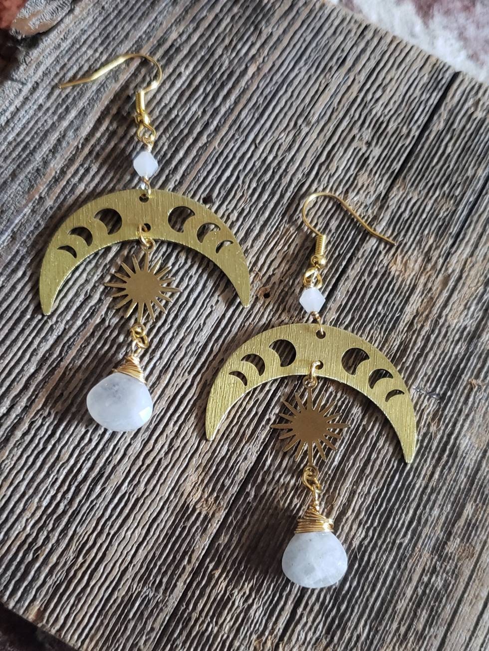 Moon Phase Moonstone Earrings | Crescent Moon Earrings | Handmade Energized jewelry