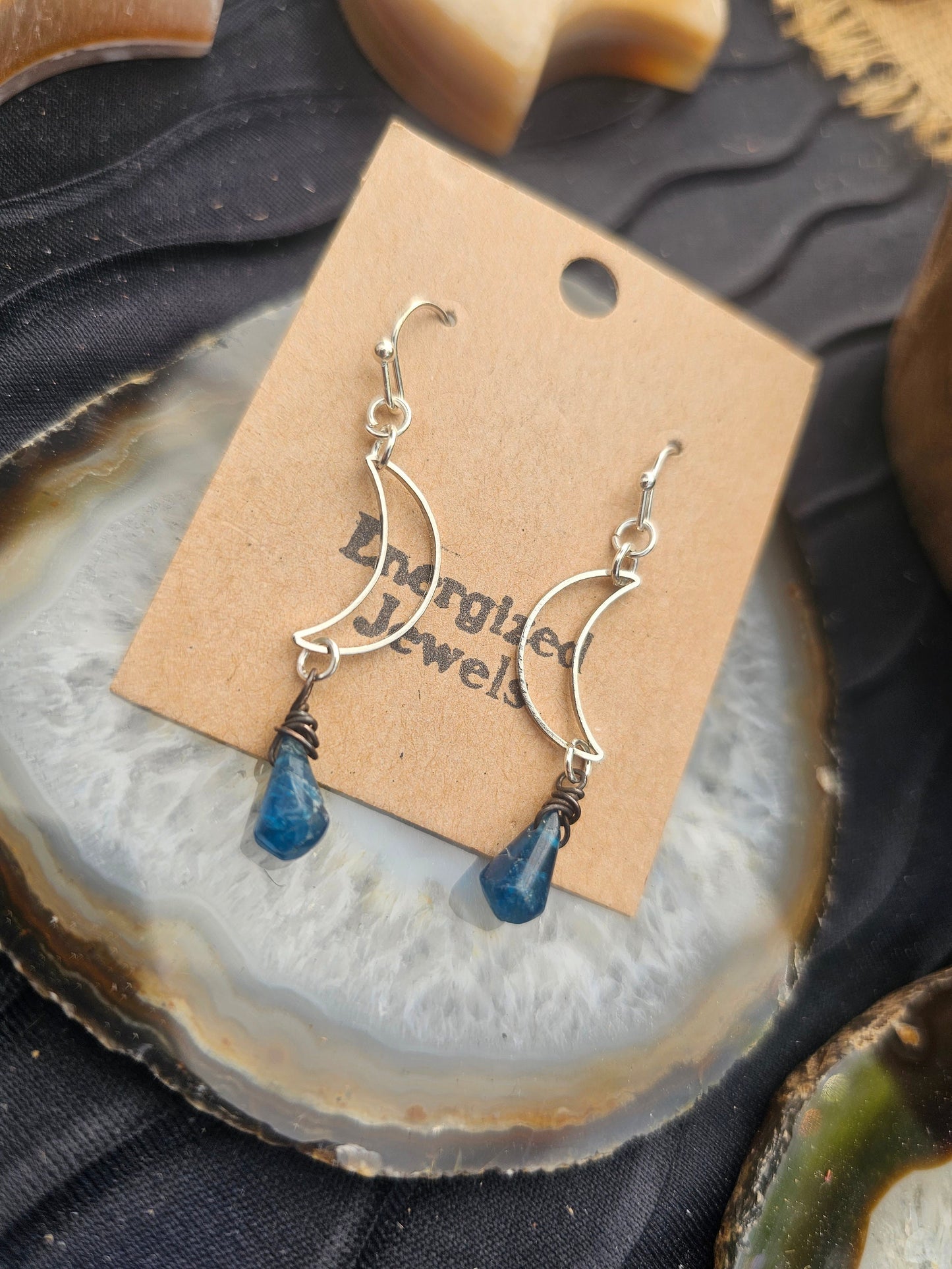Blue Crescent Moon Earrings | Apatite Moon Earrings | Handmade Silver Gemstone Earrings | Energized Jewelry