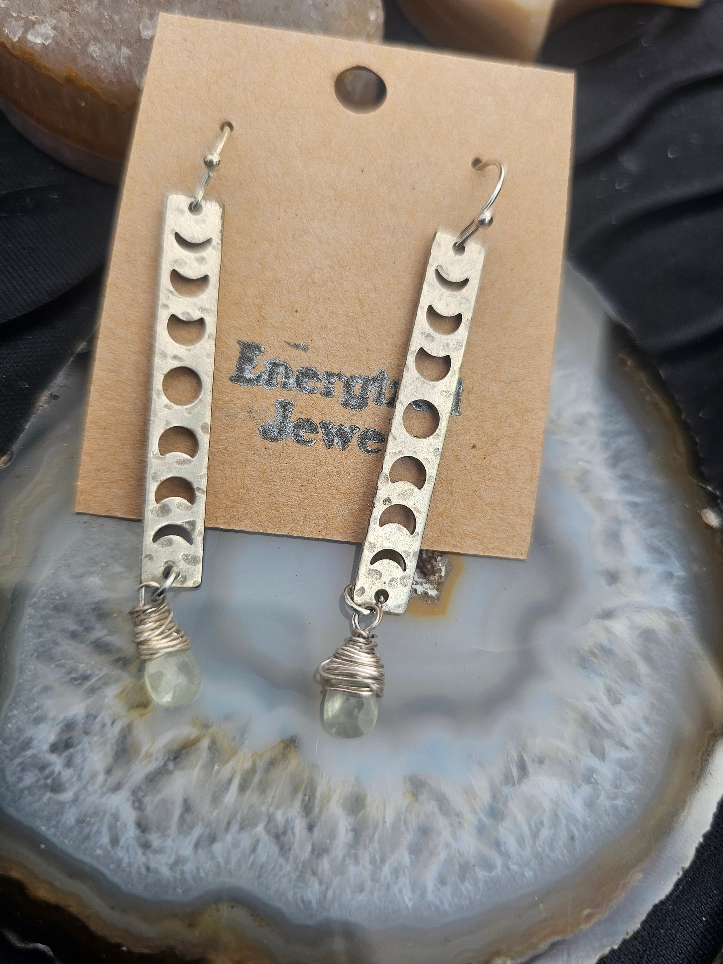 Silver Moon Phase Earrings | Moon Goddess Crystal Earrings |  Handmade Green Amethyst Earrings