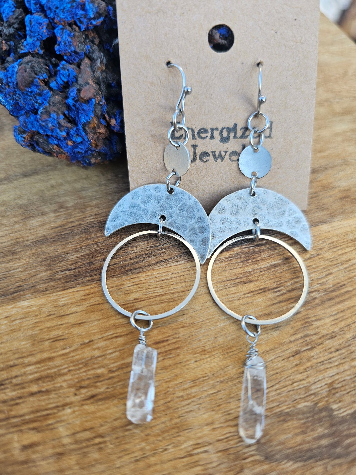 Luna Goddess Earrings |  Silver Moonstone and Quartz Crescent Moon Earrings | Double Pointed Quartz Moon Earrings | Stone Earrings
