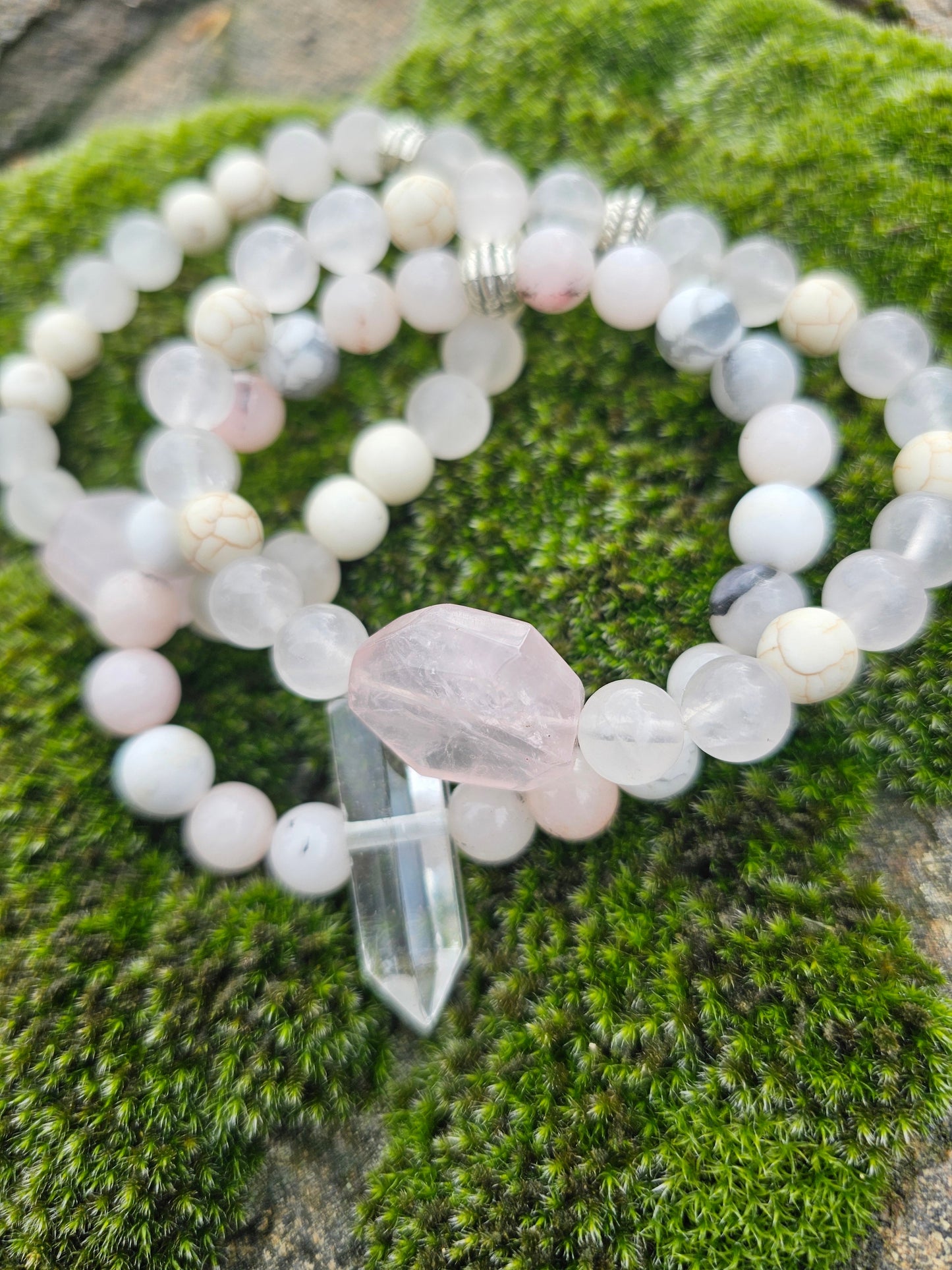 Pink Opal + Double Terminated Quartz Bracelet