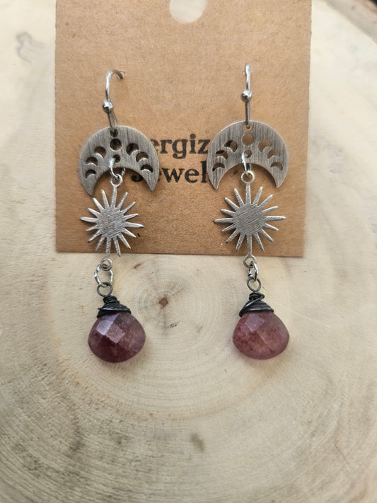 Strawberry Quartz Crescent Moon phase Earrings