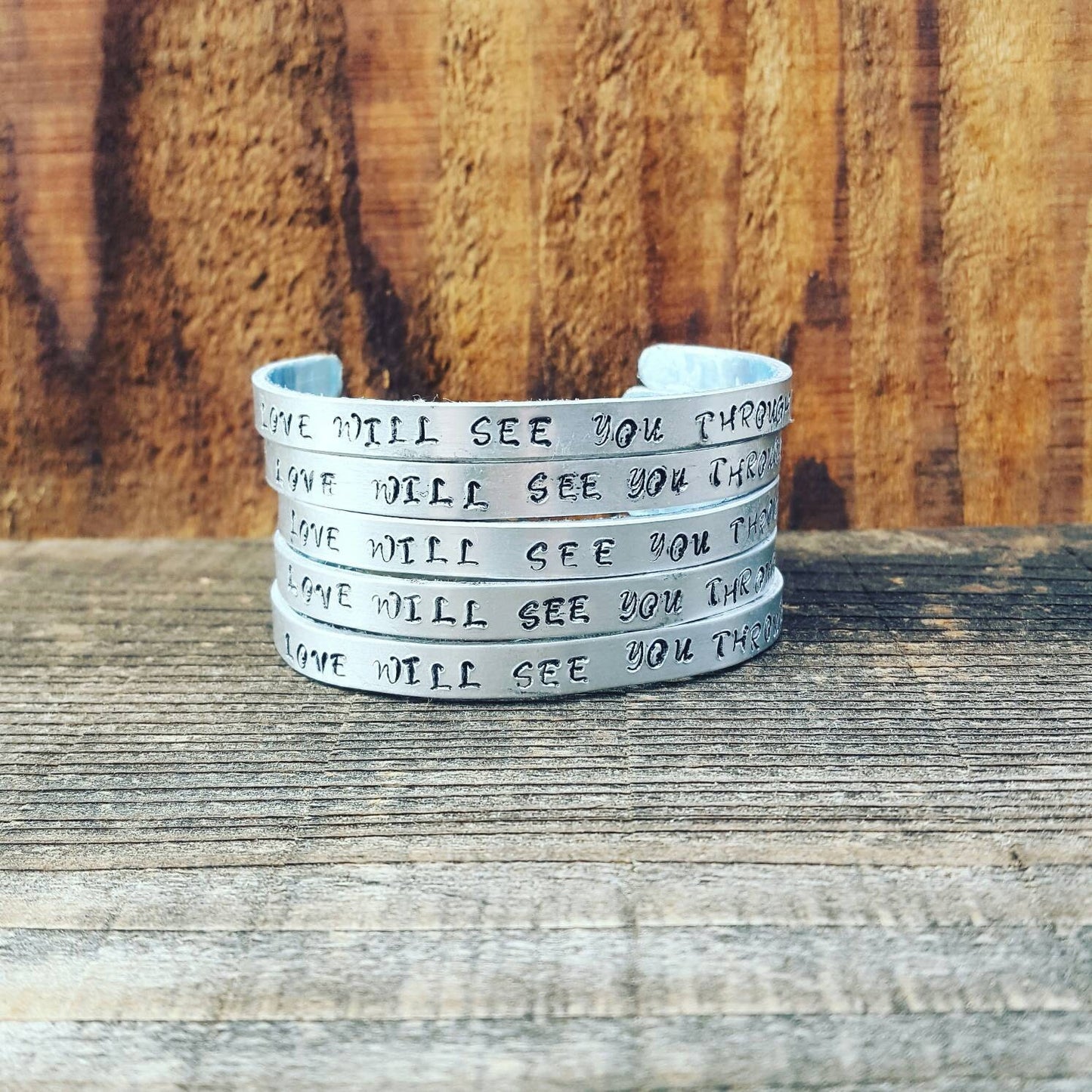 Grateful Dead Inspired, Love Will See You Through, Hand stamped Cuff, Stacked Metal Bracelets