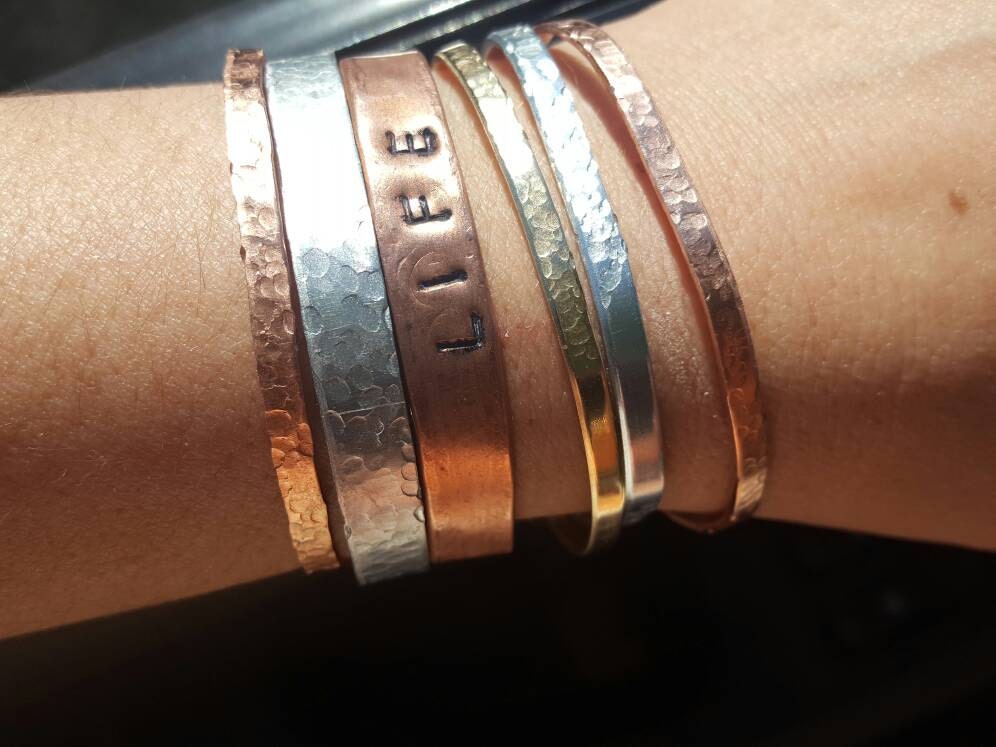 FREE SHIPPING 5 Hammered Bracelets, Stacked Bracelet Set, Personalized Bracelets, Hand Stamped Cuffs, Hammered Jewelry
