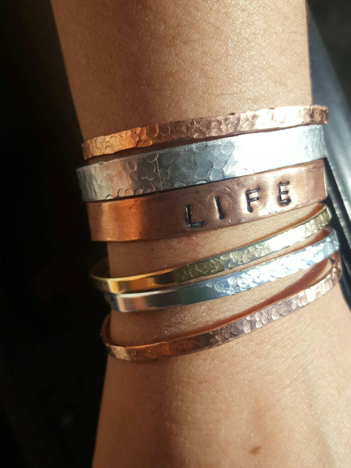 FREE SHIPPING 5 Hammered Bracelets, Stacked Bracelet Set, Personalized Bracelets, Hand Stamped Cuffs, Hammered Jewelry