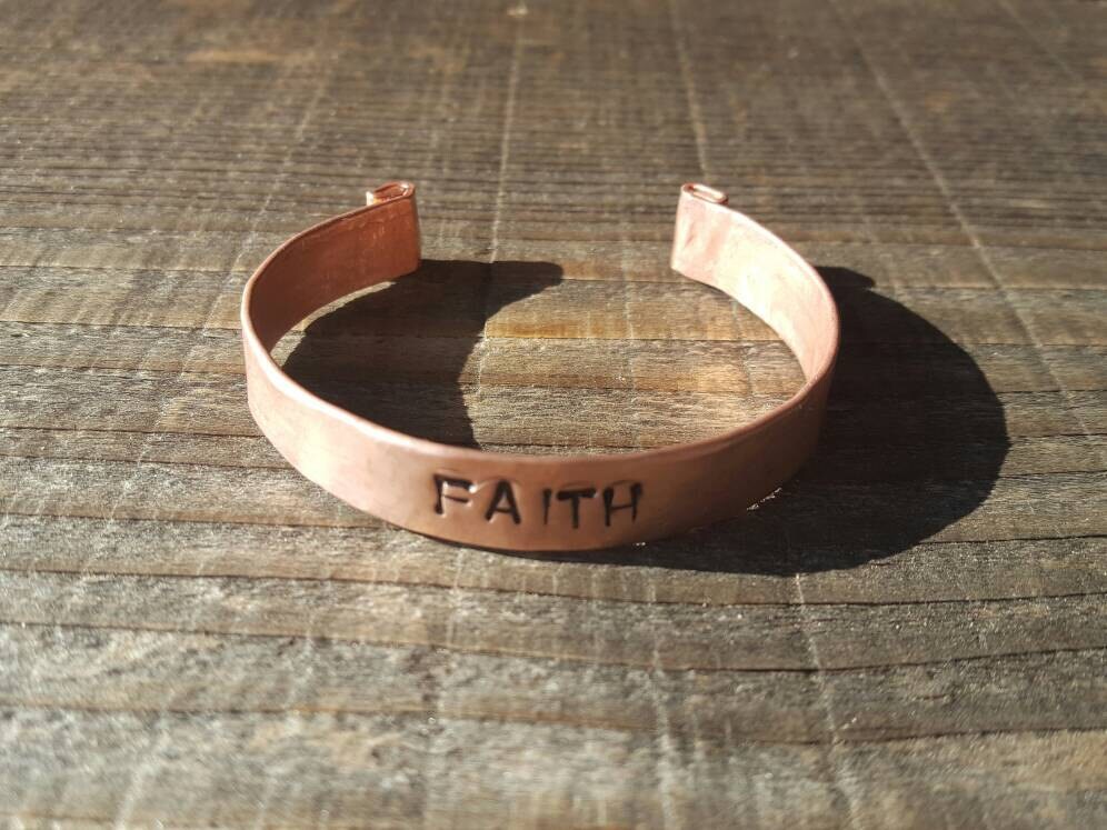 FAITH Bracelet Cuff, Personalized Copper Cuff,  Custom Word Bracelet, Scroll Rolled Ends, Rheumatoid Arthritis, Copper FAITH Bracelet