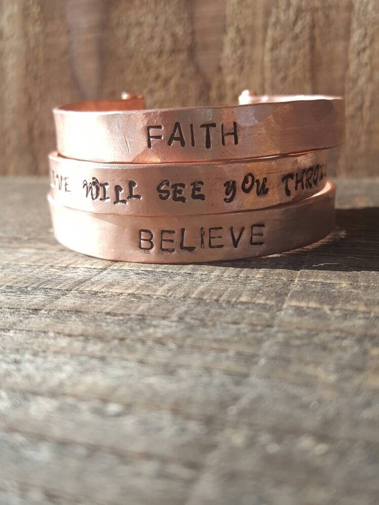 FAITH Bracelet Cuff, Personalized Copper Cuff,  Custom Word Bracelet, Scroll Rolled Ends, Rheumatoid Arthritis, Copper FAITH Bracelet