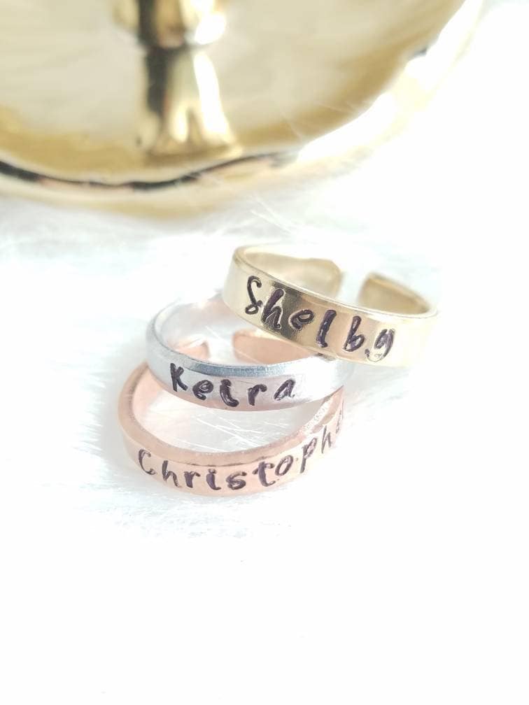 Personalized Stacking Ring, Name Ring, Tri Color Stackable Ring, Personalized Mothers Ring, Custom Jewelry, Mothers Ring, Hand Stamped Ring