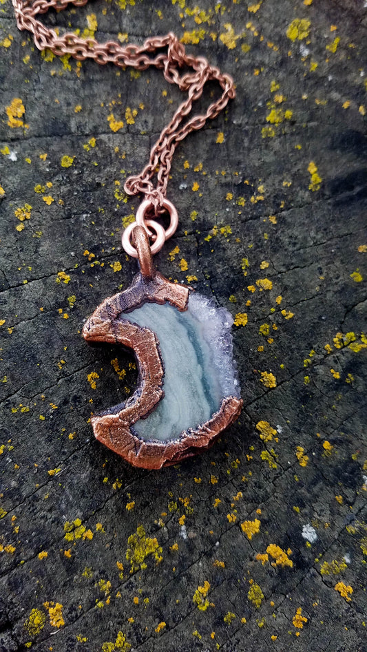 Crescent Moon - Raw Crystal Druzy Moon | Moon Phase Necklace - Electroformed Moon | Raw Crystal Necklace - Moon Jewelry Gifts for Her