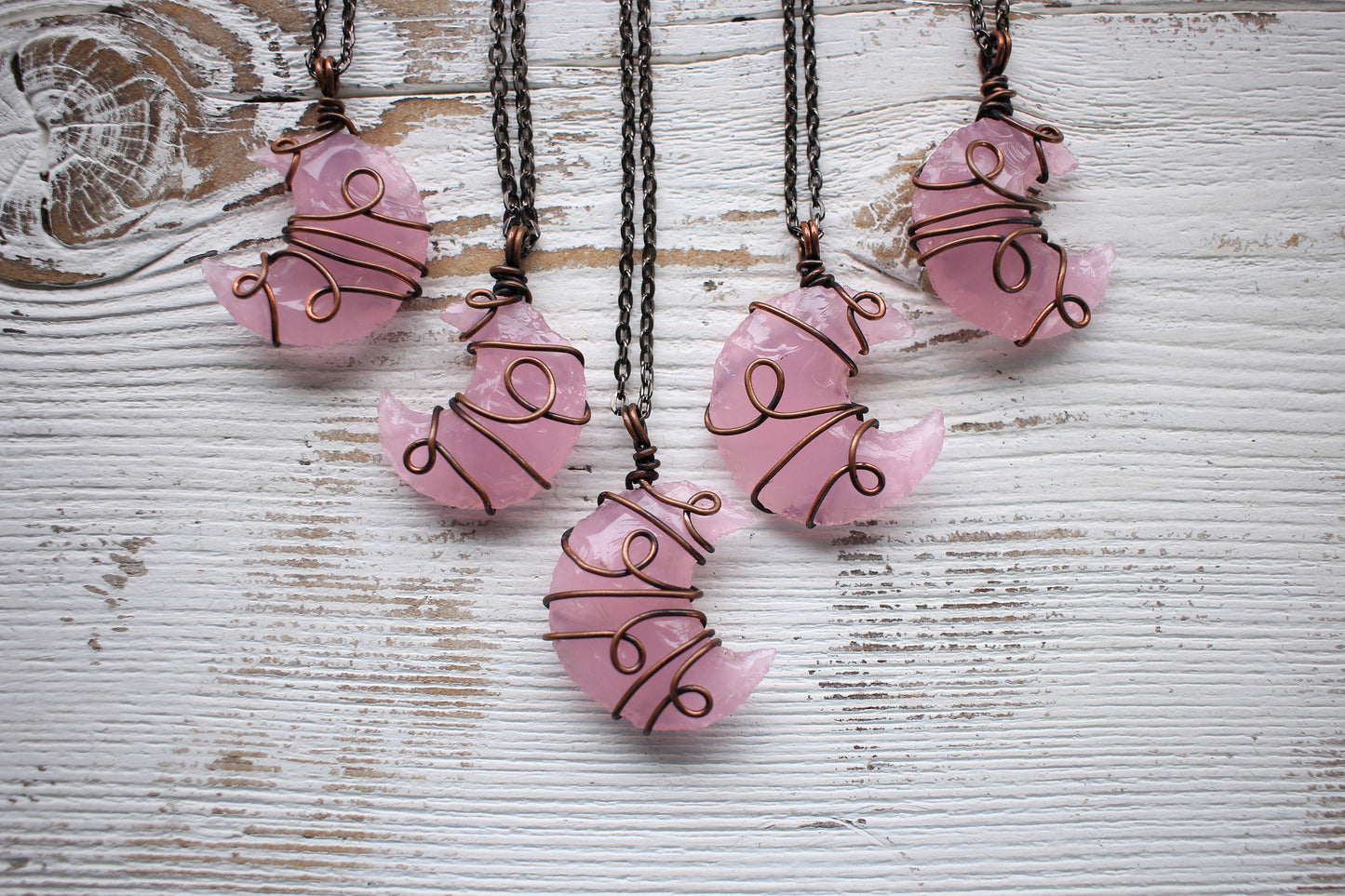 Pink Moon Necklace | ROSE QUARTZ Crescent Moon Necklace | Handmade Moon