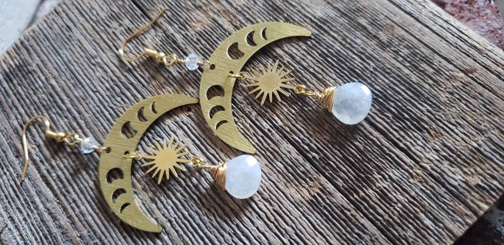 Moon Phase Moonstone Earrings | Crescent Moon Earrings | Handmade Energized jewelry