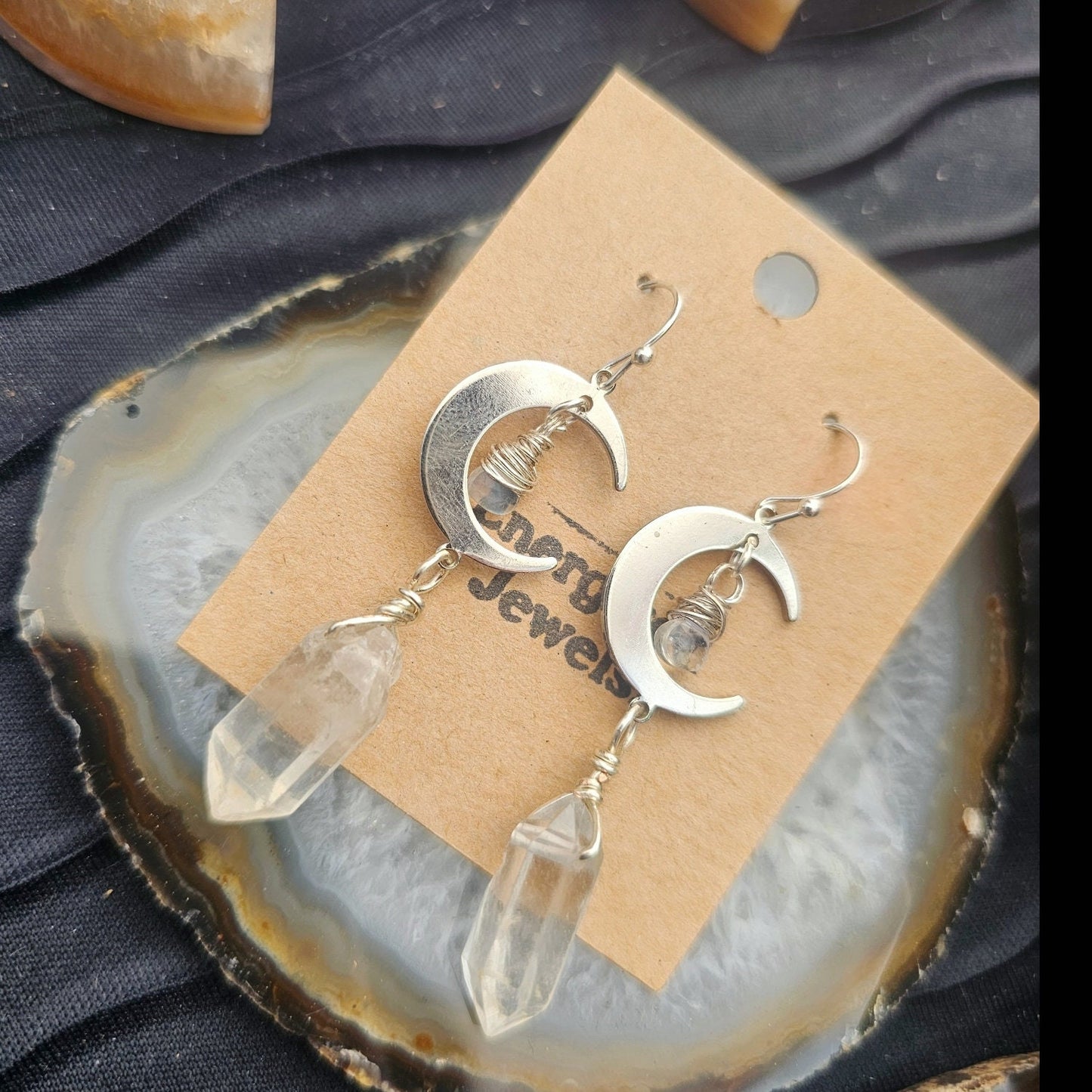 Moon Goddess Earrings |  Silver Moonstone and Quartz Crescent Moon Earrings | Double Pointed Quartz Moon Earrings | Stone Earrings