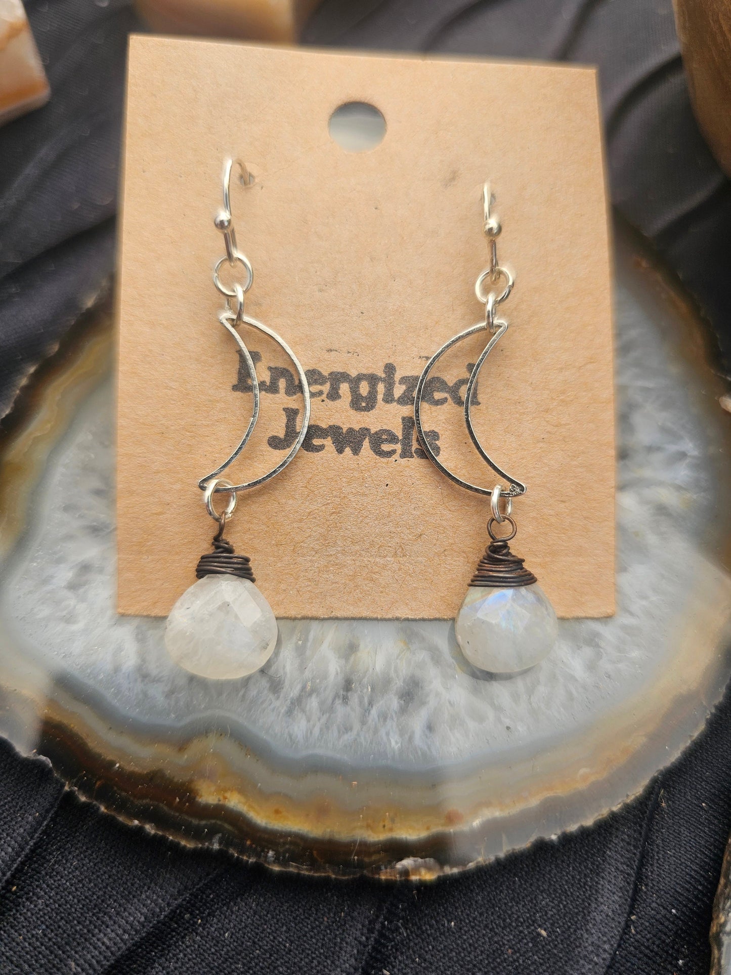 Silver Crescent Moon Earrings | Moonstone Moon Earrings | Handmade Silver Gemstone Earrings | Energized Jewelry