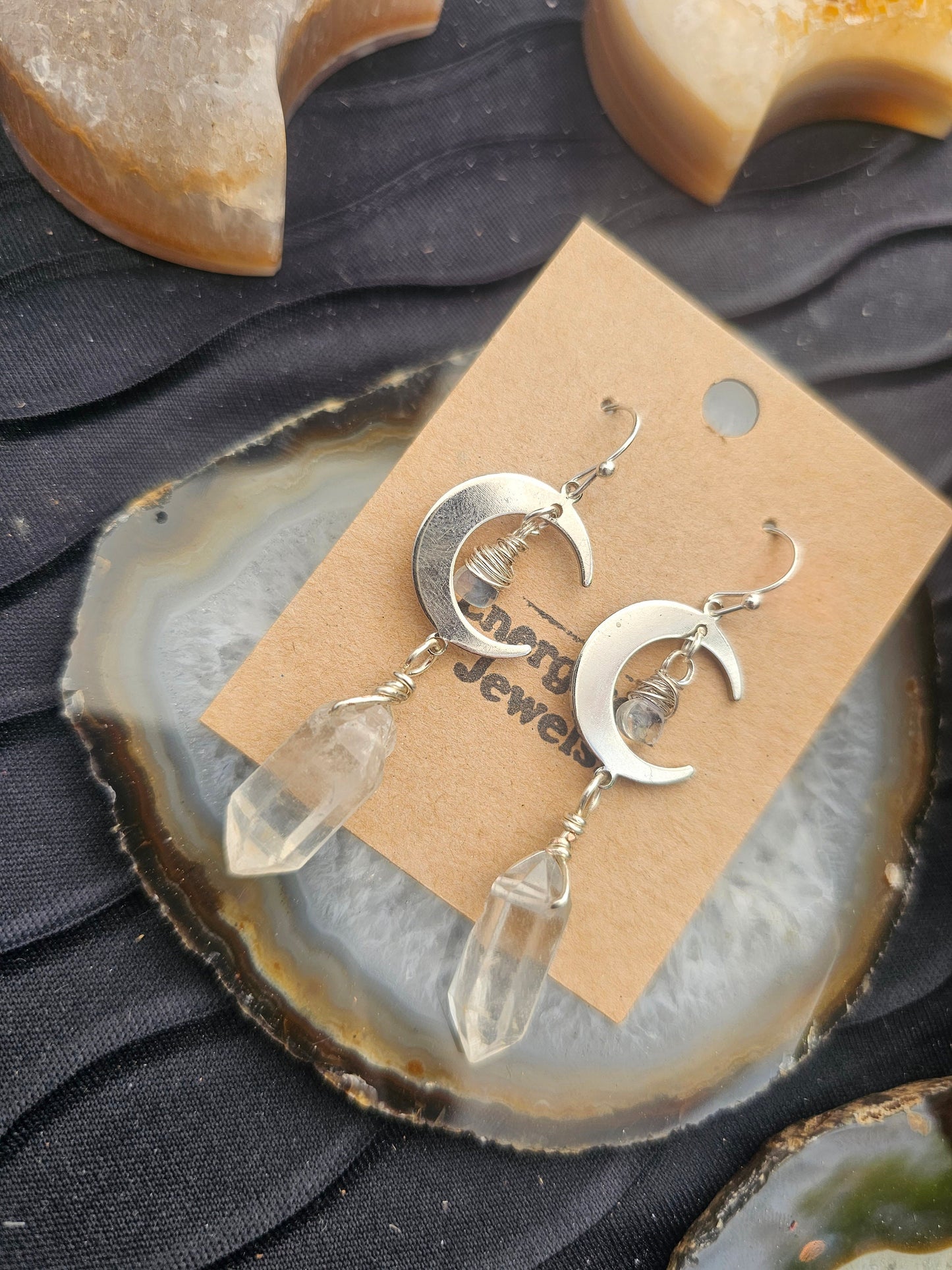 Moon Goddess Earrings |  Silver Moonstone and Quartz Crescent Moon Earrings | Double Pointed Quartz Moon Earrings | Stone Earrings